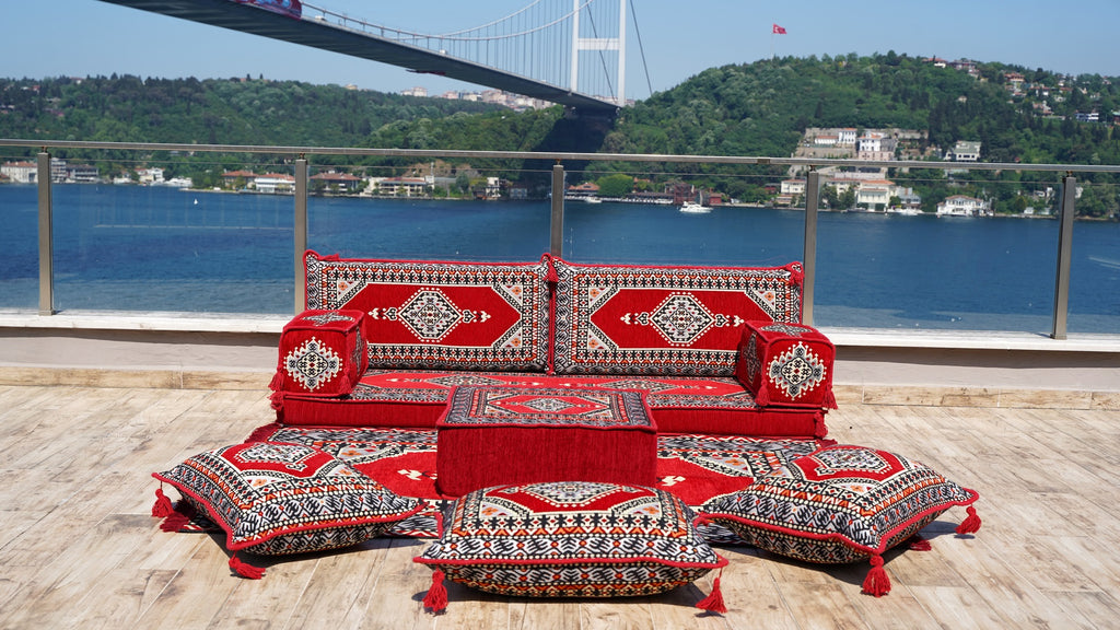 Red Arabic Floor Sofa with Ottoman Couch and Rug, Traditional Floor Couch Set, Sectional Sofas, Arabic Floor Sofa Set, Yoga Meditation Mat