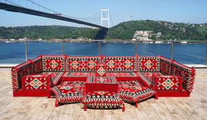 Red Corner Floor Sofa Seating Set, U Shaped Arabic Sofa Set, Oriental Floor Seating, Floor Cushions, Living Room Sectionals