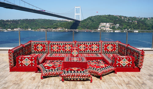 Red Corner Floor Sofa Seating Set, U Shaped Arabic Sofa Set, Oriental Floor Seating, Floor Cushions, Living Room Sectionals