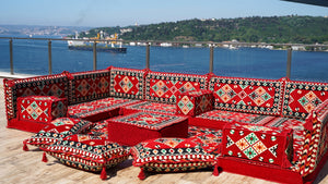 Red Corner Floor Sofa Seating Set, U Shaped Arabic Sofa Set, Oriental Floor Seating, Floor Cushions, Living Room Sectionals