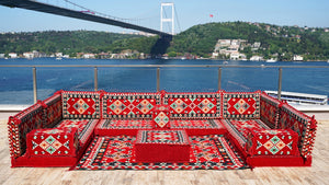 Red Corner Floor Sofa Seating Set, U Shaped Arabic Sofa Set, Oriental Floor Seating, Floor Cushions, Living Room Sectionals