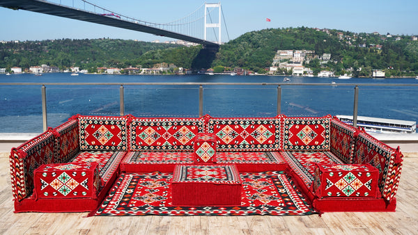 Red Corner Floor Sofa Seating Set, U Shaped Arabic Sofa Set, Oriental Floor Seating, Floor Cushions, Living Room Sectionals