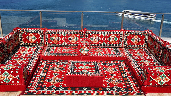 Red Corner Floor Sofa Seating Set, U Shaped Arabic Sofa Set, Oriental Floor Seating, Floor Cushions, Living Room Sectionals