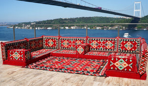 Red Corner Floor Sofa Seating Set, U Shaped Arabic Sofa Set, Oriental Floor Seating, Floor Cushions, Living Room Sectionals