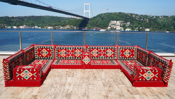 Red Corner Floor Sofa Seating Set, U Shaped Arabic Sofa Set, Oriental Floor Seating, Floor Cushions, Living Room Sectionals