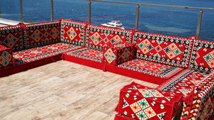 Red Corner Floor Sofa Seating Set, U Shaped Arabic Sofa Set, Oriental Floor Seating, Floor Cushions, Living Room Sectionals