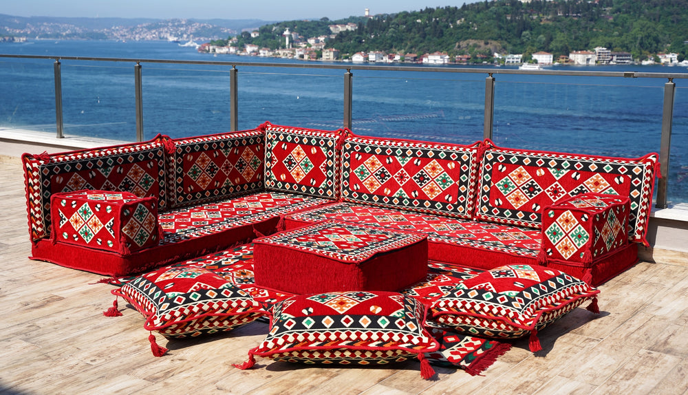 Red Arabic Floor Couch, Modular Design Floor Cushion, 4" Thickness Floor Seating Set, Garden Sofa Set