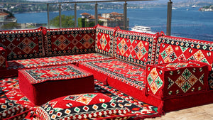 Red Arabic Floor Couch, Modular Design Floor Cushion, 4" Thickness Floor Seating Set, Garden Sofa Set