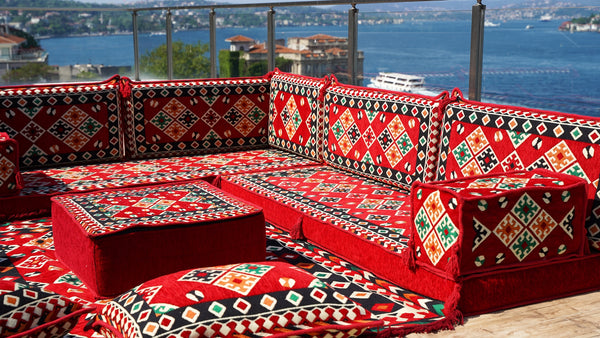 Red Arabic Floor Couch, Modular Design Floor Cushion, 4" Thickness Floor Seating Set, Garden Sofa Set