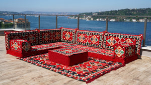 Red Arabic Floor Couch, Modular Design Floor Cushion, 4" Thickness Floor Seating Set, Garden Sofa Set