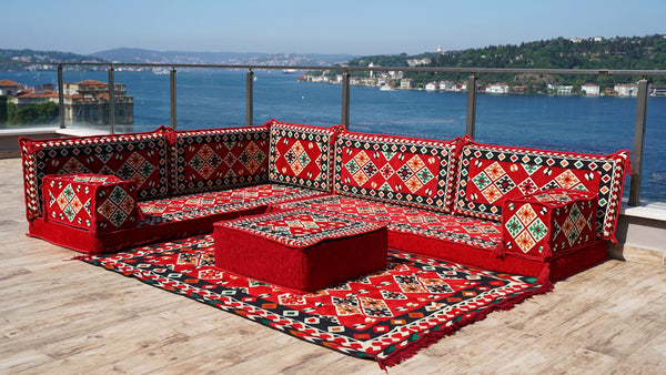 Red Arabic Floor Couch, Modular Design Floor Cushion, 4" Thickness Floor Seating Set, Garden Sofa Set