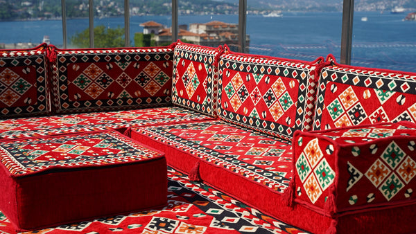 Red Arabic Floor Couch, Modular Design Floor Cushion, 4" Thickness Floor Seating Set, Garden Sofa Set