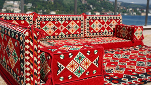 Red Arabic Floor Couch, Modular Design Floor Cushion, 4" Thickness Floor Seating Set, Garden Sofa Set