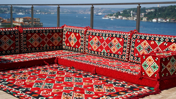 Red Arabic Floor Couch, Modular Design Floor Cushion, 4" Thickness Floor Seating Set, Garden Sofa Set