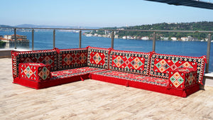Red Arabic Floor Couch, Modular Design Floor Cushion, 4" Thickness Floor Seating Set, Garden Sofa Set