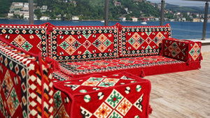 Red Arabic Floor Couch, Modular Design Floor Cushion, 4" Thickness Floor Seating Set, Garden Sofa Set