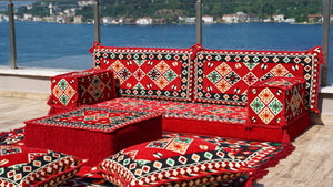 Arabic Majlis Sofa with Ottoman Couch and Rug, Oriental Cushion, Moroccan Cushion, Ethnic Floor Cushion, Sofa Slipcovers