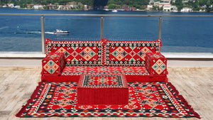 Arabic Majlis Sofa with Ottoman Couch and Rug, Oriental Cushion, Moroccan Cushion, Ethnic Floor Cushion, Sofa Slipcovers