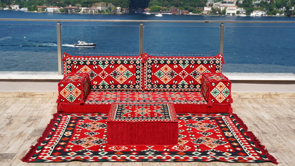 Arabic Majlis Sofa with Ottoman Couch and Rug, Oriental Cushion, Moroccan Cushion, Ethnic Floor Cushion, Sofa Slipcovers