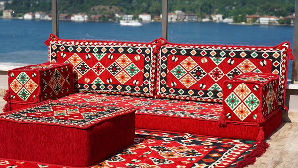Arabic Majlis Sofa with Ottoman Couch and Rug, Oriental Cushion, Moroccan Cushion, Ethnic Floor Cushion, Sofa Slipcovers