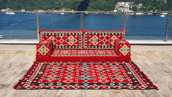 Arabic Majlis Sofa with Ottoman Couch and Rug, Oriental Cushion, Moroccan Cushion, Ethnic Floor Cushion, Sofa Slipcovers