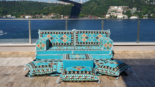 8'' Thickness Sofa Set, Blue Arabic Sofa Floor Seating Set, Pallet Sofa, Floor Cushions, Sectional Sofa
