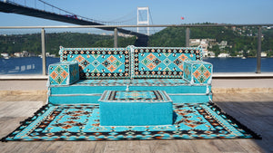 8'' Thickness Sofa Set, Blue Arabic Sofa Floor Seating Set, Pallet Sofa, Floor Cushions, Sectional Sofa