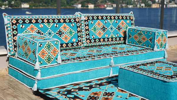 8'' Thickness Sofa Set, Blue Arabic Sofa Floor Seating Set, Pallet Sofa, Floor Cushions, Sectional Sofa