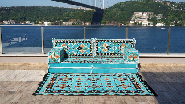 8'' Thickness Sofa Set, Blue Arabic Sofa Floor Seating Set, Pallet Sofa, Floor Cushions, Sectional Sofa