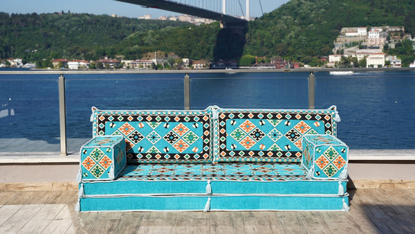 8'' Thickness Sofa Set, Blue Arabic Sofa Floor Seating Set, Pallet Sofa, Floor Cushions, Sectional Sofa