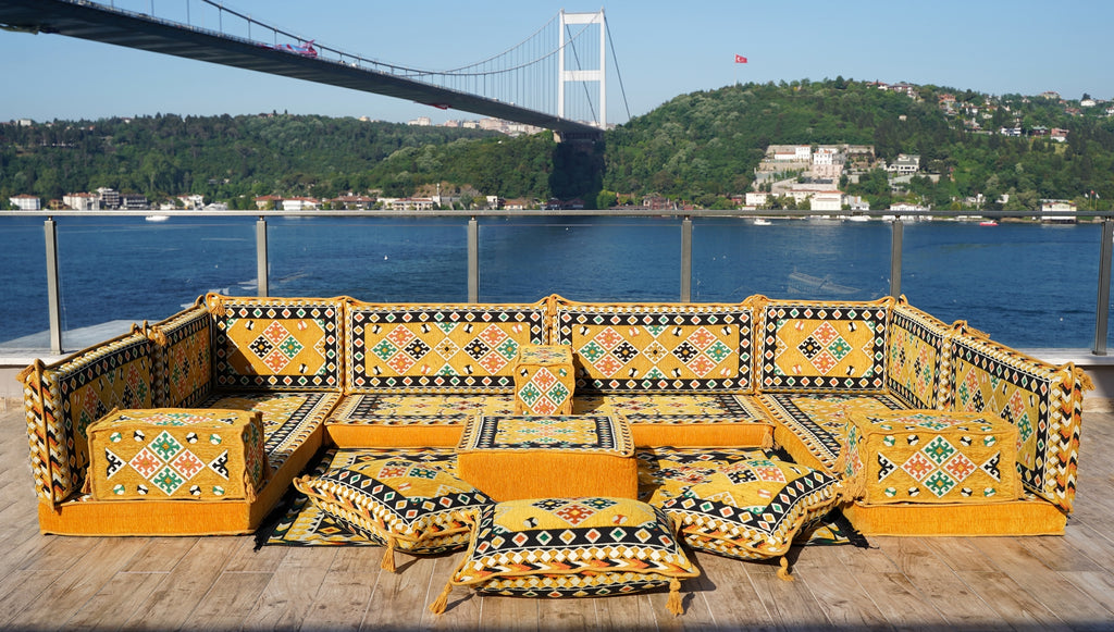 Arabic Floor Sofa Set, Yellow Floor Cushions, Balcony Patio Sofas, Pallet Sofa, Ethnic Sofa, Moroccan Sofas, U Shaped Sofas