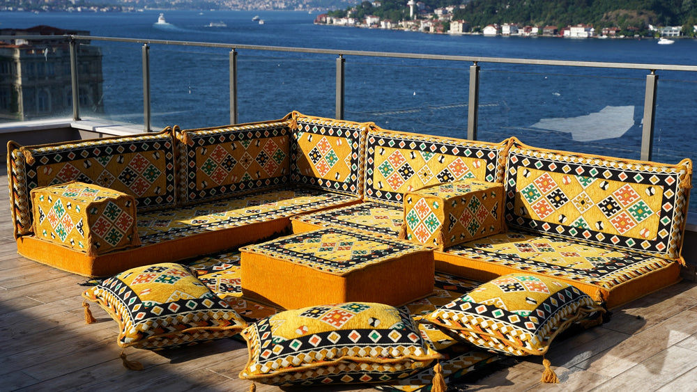 Yellow Window Seat, Bench cushion, 4" Thickness Floor Couch, Reading Sofa Pillow, Meditation Yoga Loveseat