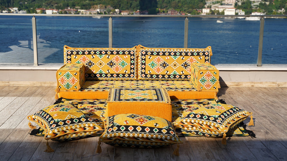 Arabic Majlis, Oriental Cushion, Moroccan Cushion, Ethnic Floor Sofa with Ottoman Couch and Rug, Sofa Slipcovers