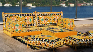 Arabic Majlis, Oriental Cushion, Moroccan Cushion, Ethnic Floor Sofa with Ottoman Couch and Rug, Sofa Slipcovers
