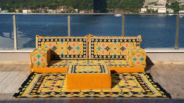 Arabic Majlis, Oriental Cushion, Moroccan Cushion, Ethnic Floor Sofa with Ottoman Couch and Rug, Sofa Slipcovers