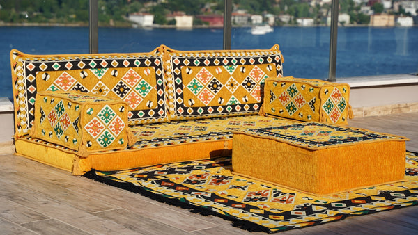Arabic Majlis, Oriental Cushion, Moroccan Cushion, Ethnic Floor Sofa with Ottoman Couch and Rug, Sofa Slipcovers