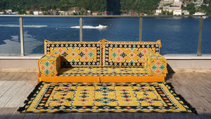 Arabic Majlis, Oriental Cushion, Moroccan Cushion, Ethnic Floor Sofa with Ottoman Couch and Rug, Sofa Slipcovers