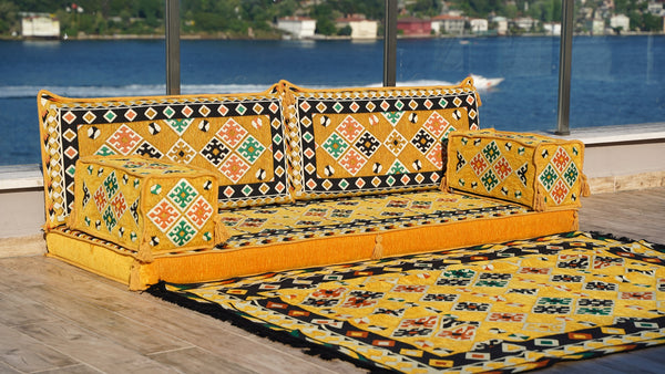 Arabic Majlis, Oriental Cushion, Moroccan Cushion, Ethnic Floor Sofa with Ottoman Couch and Rug, Sofa Slipcovers