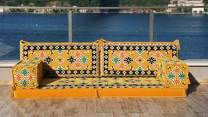 Yellow Arabic Seating, Bench Cushions, 4" Thickness Floor Couch, Reading Sofa Pillow, Meditation Yoga Mat, Single Sofa Sets