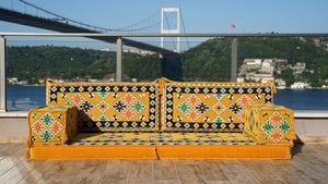 Yellow Arabic Seating, Bench Cushions, 4" Thickness Floor Couch, Reading Sofa Pillow, Meditation Yoga Mat, Single Sofa Sets