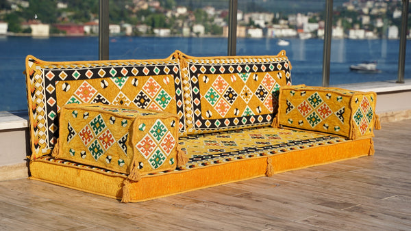 Arabic Majlis, Oriental Cushion, Moroccan Cushion, Ethnic Floor Sofa with Ottoman Couch and Rug, Sofa Slipcovers