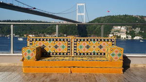 Yellow Arabic Seating, Bench Cushions, 4" Thickness Floor Couch, Reading Sofa Pillow, Meditation Yoga Mat, Single Sofa Sets