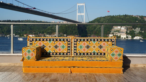 Yellow Arabic Seating, Bench Cushions, 4" Thickness Floor Couch, Reading Sofa Pillow, Meditation Yoga Mat, Single Sofa Sets