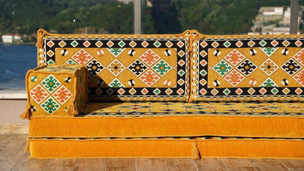Yellow Arabic Seating, Bench Cushions, 4" Thickness Floor Couch, Reading Sofa Pillow, Meditation Yoga Mat, Single Sofa Sets