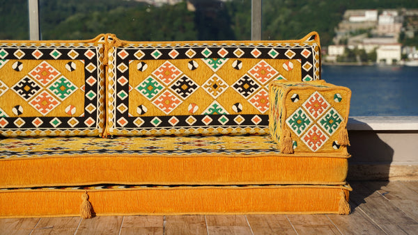 Yellow Arabic Seating, Bench Cushions, 4" Thickness Floor Couch, Reading Sofa Pillow, Meditation Yoga Mat, Single Sofa Sets