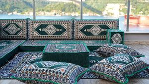 Green Moroccan Home Decor Cushion, 4" Thickness Corner Floor Seating Set, L Shaped Floor Couch, Sectional Sofa Set