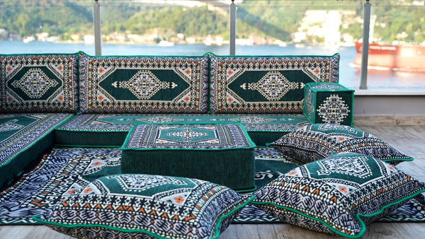 Green Moroccan Home Decor Cushion, 4" Thickness Corner Floor Seating Set, L Shaped Floor Couch, Sectional Sofa Set