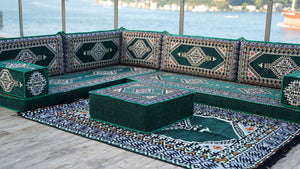 Green Moroccan Home Decor Cushion, 4" Thickness Corner Floor Seating Set, L Shaped Floor Couch, Sectional Sofa Set