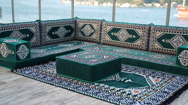 Green Moroccan Home Decor Cushion, 4" Thickness Corner Floor Seating Set, L Shaped Floor Couch, Sectional Sofa Set