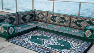 Green Moroccan Home Decor Cushion, 4" Thickness Corner Floor Seating Set, L Shaped Floor Couch, Sectional Sofa Set